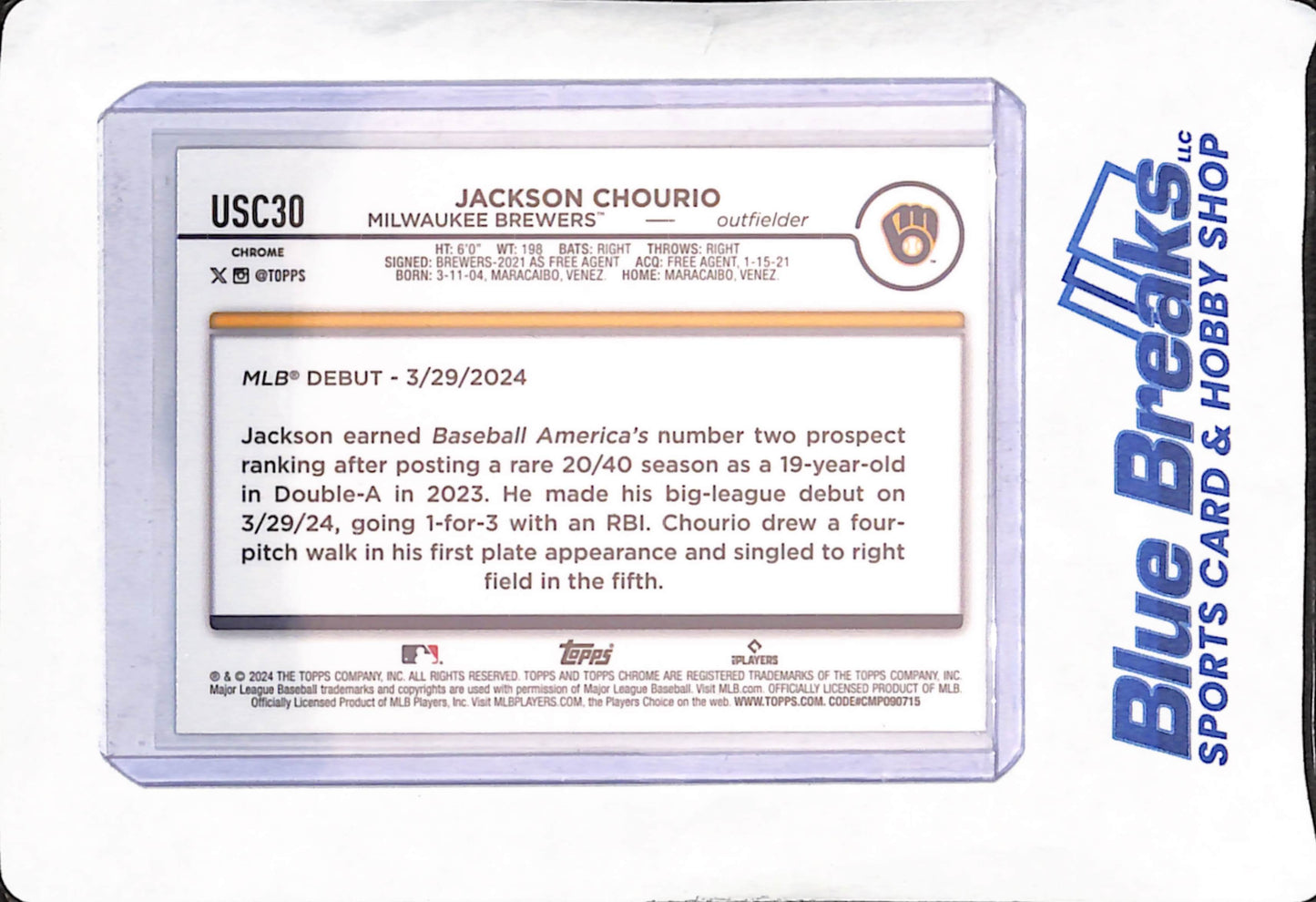 2024 Topps Chrome  - Jackson Chourio - Rookie Debut Wave - Milwaukee Brewers - Baseball - #USC30