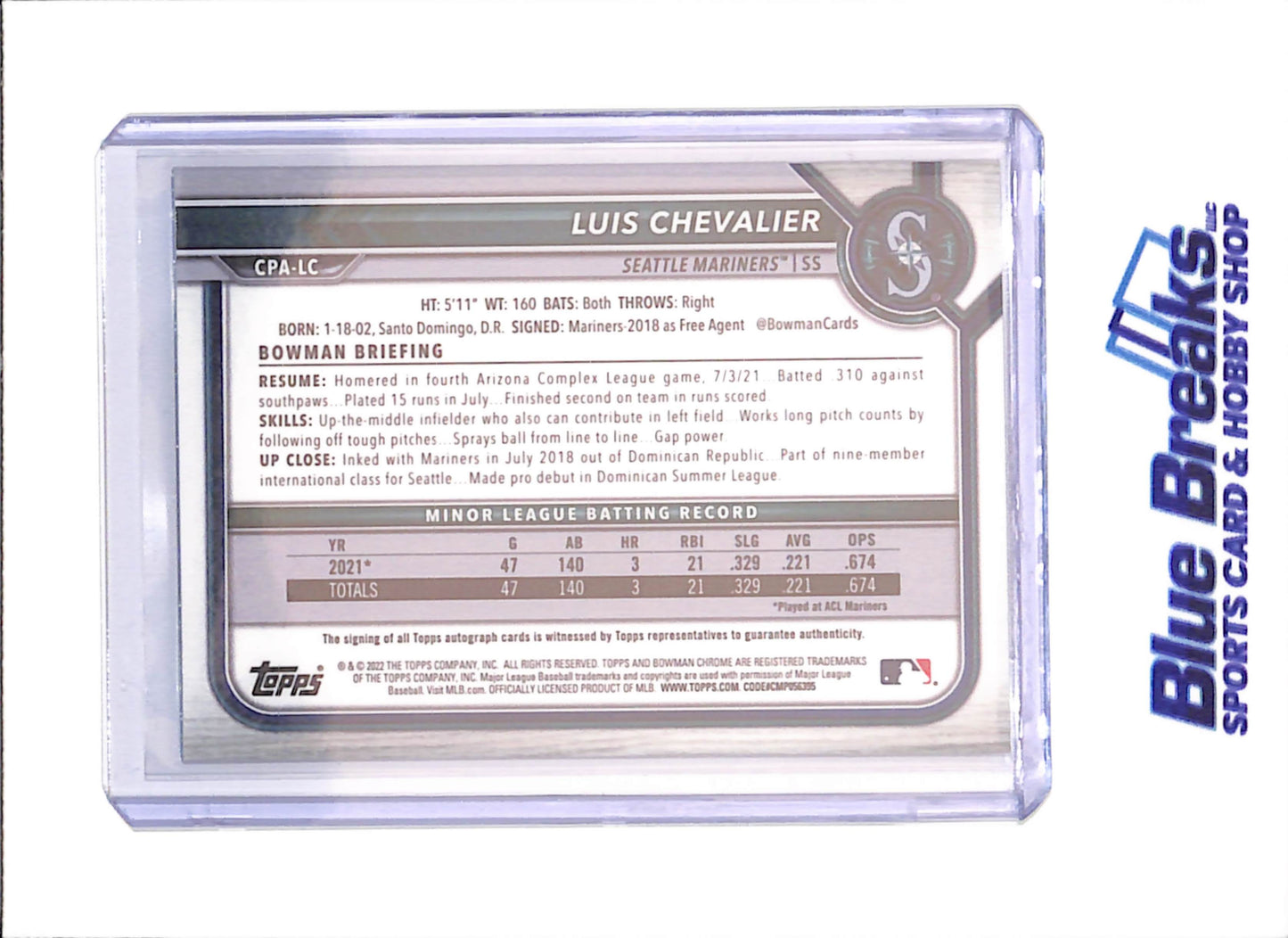 2022 Bowman Chrome - Luis Chevalier - 1st Bowman Autograph - Blue Mojo - 97/150 - Seattle Mariners - Baseball - #CPA-LC - drop