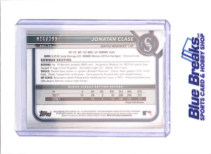 2022 Bowman Draft - Jonatan Clase - Chrome Aqua Lava Refractor - 16/199 - Seattle Mariners - Baseball - #BDC-30 - drop