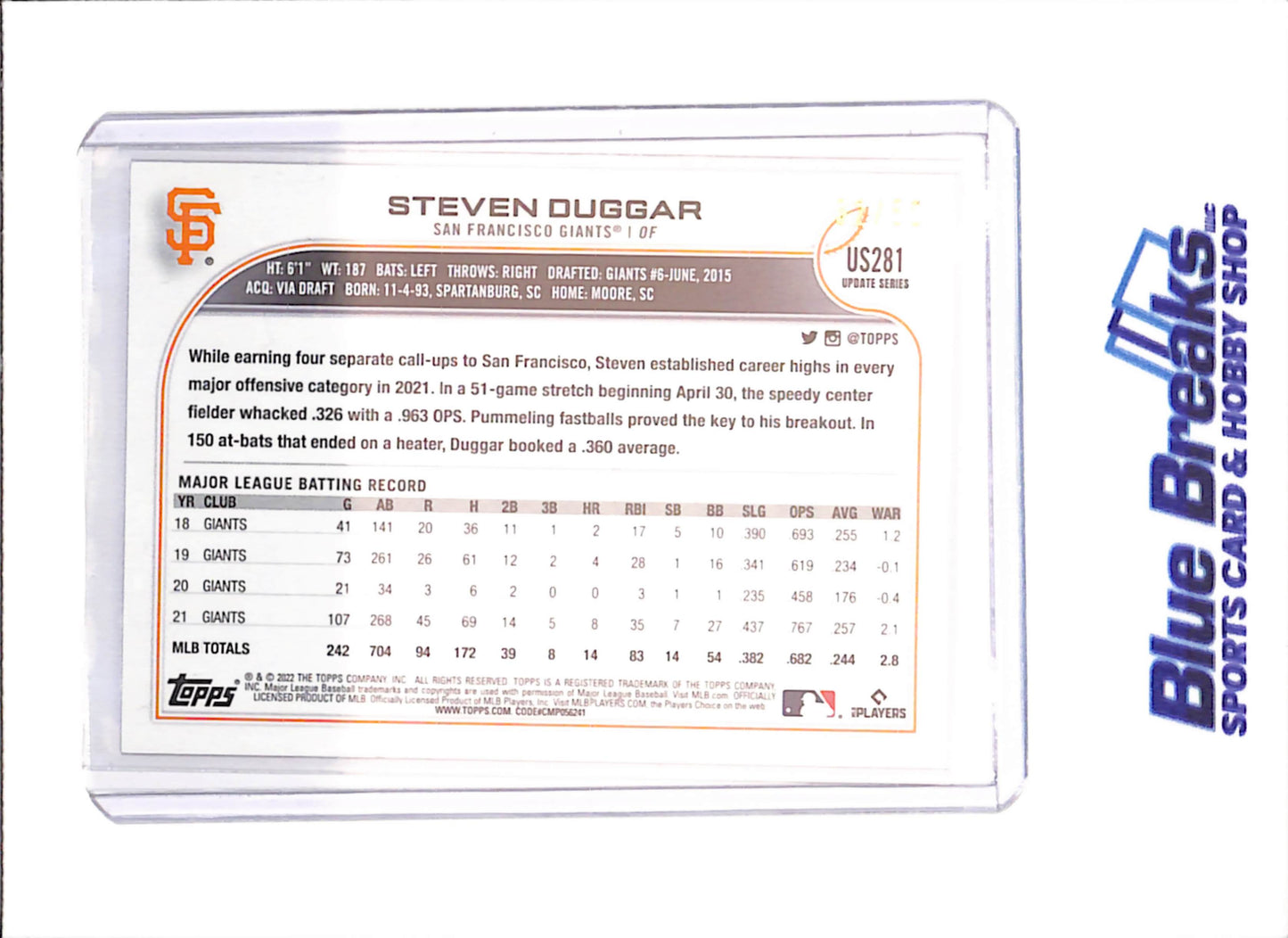 2022 Topps Update - Steven Duggar - Mother's Day Pink - 32/50 - San Francisco Giants - Baseball - #US81 - drop