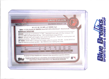 2022 Bowman Chrome Sapphire - Greg Cullen - 1st Bowman Autograph - 59/99 - Baltimore Orioles - Baseball - #CPA-GC - drop