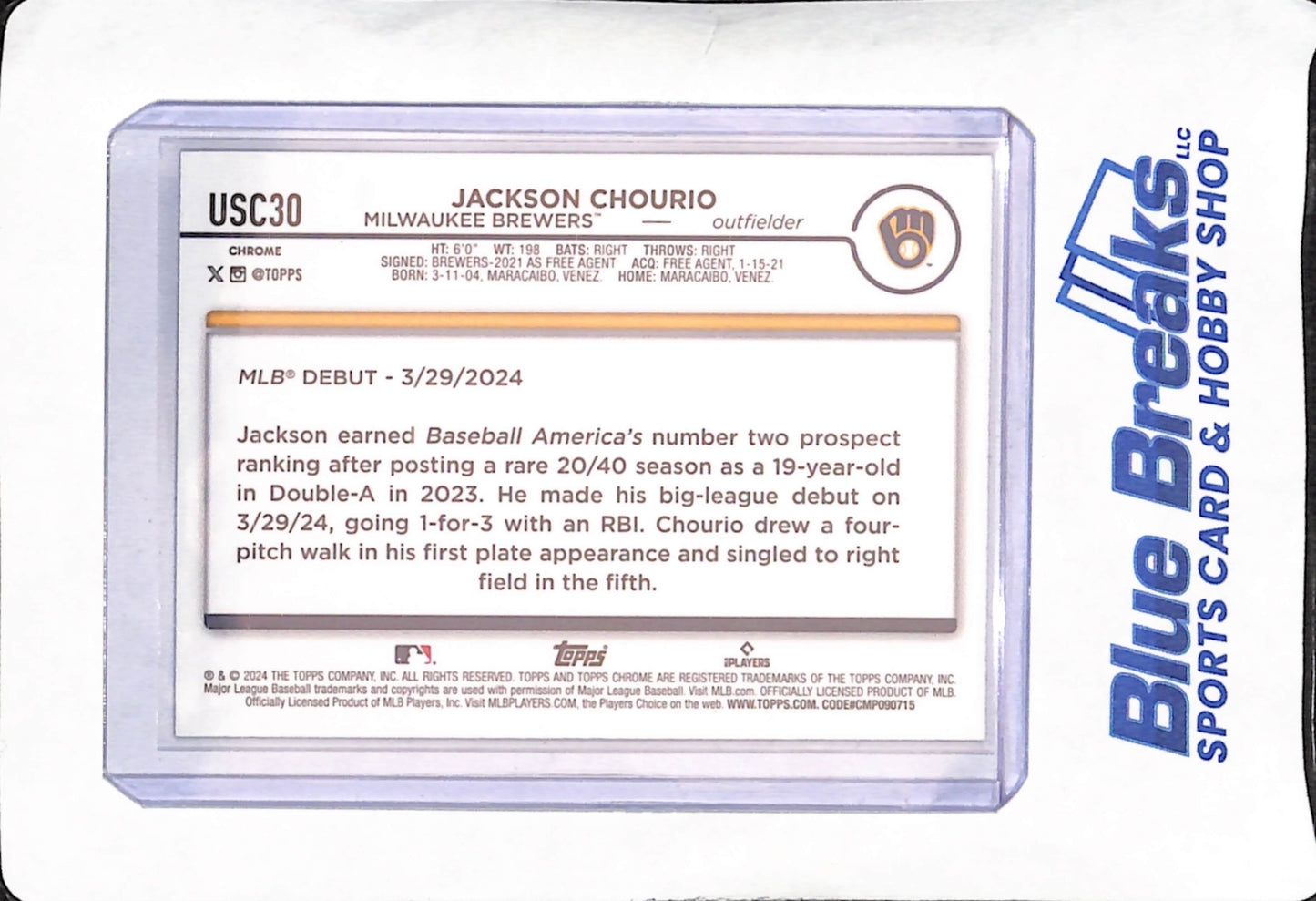 2024 Topps Chrome - Jackson Chourio - Magenta Raywave - Milwaukee Brewers - Baseball - RC - 56/299 - #USC30