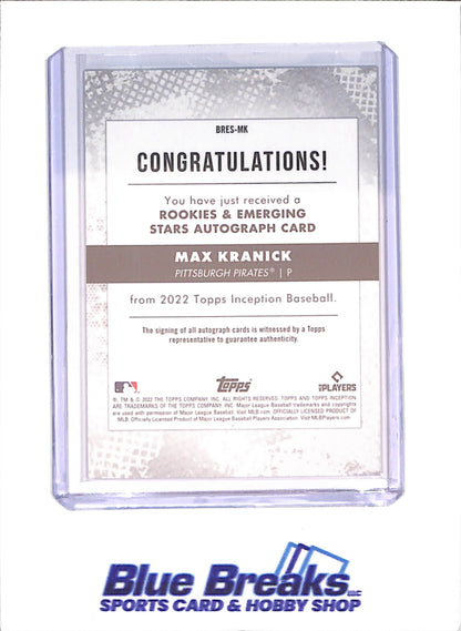 2022 Topps Inception - Max Koranic - Rookies & Emerging Stars Autograph - RC - 46/125 - Pittsburgh Pirates - Baseball - #BRES-MK - drop