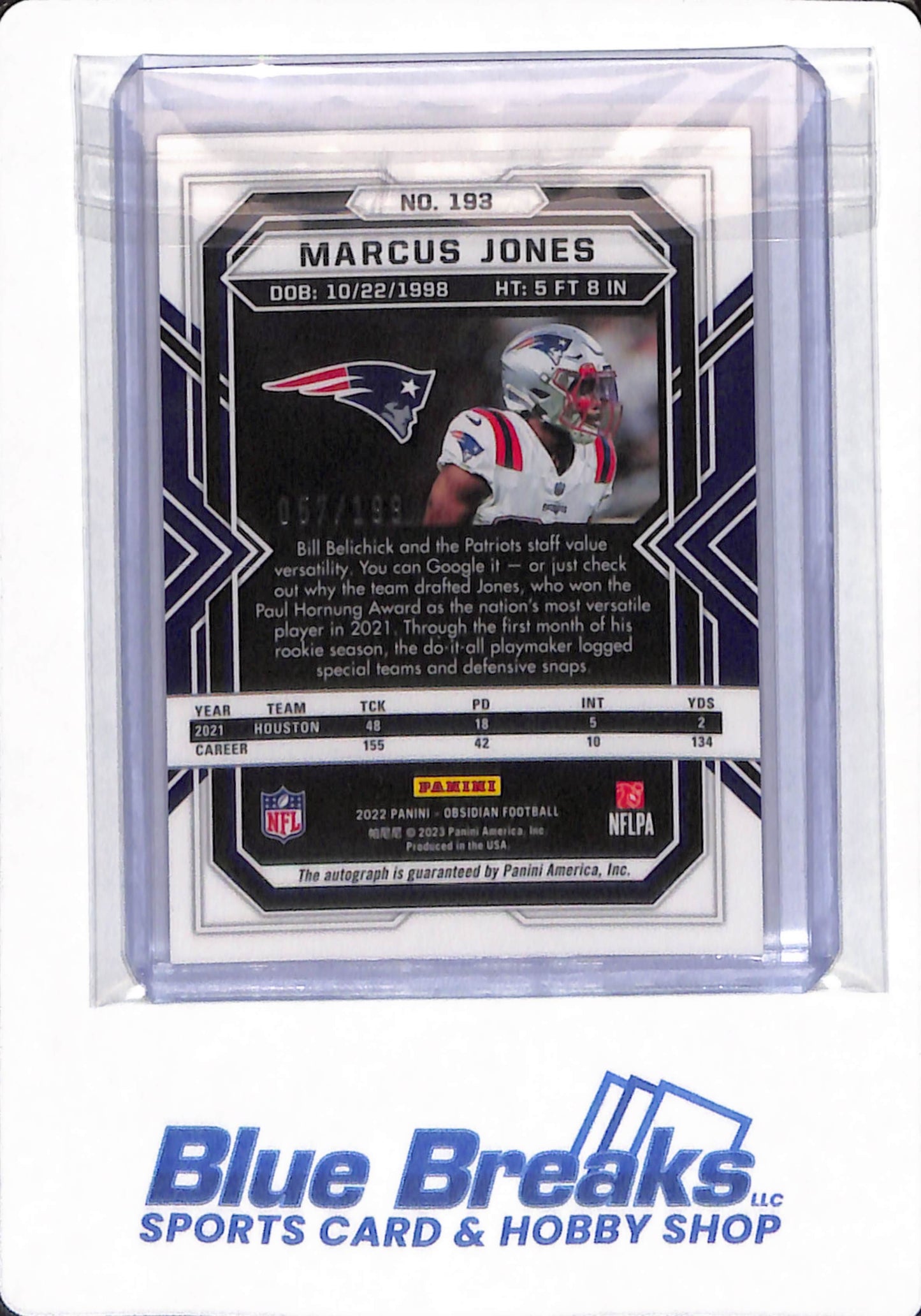 2022 Panini Obsidian - Marcus Jones - #193 - New England Patriots - Football - Autographed - 57/199