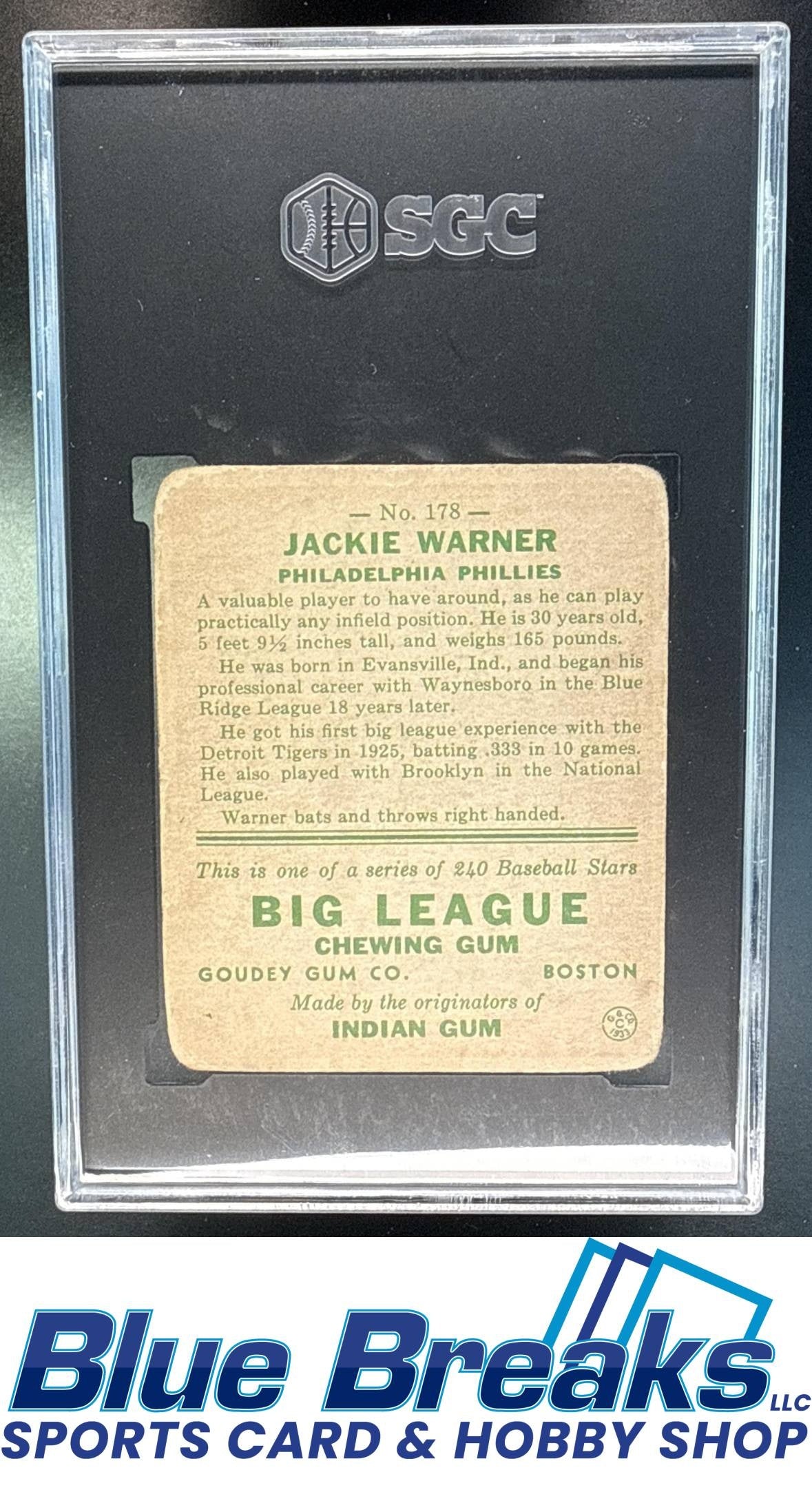 1933 Goudey R319 Jackie Warner [RC] #178 RC SGC 1.5 Philadelphia Phillies