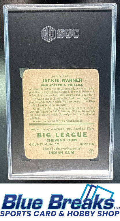 1933 Goudey R319 Jackie Warner [RC] #178 RC SGC 1.5 Philadelphia Phillies