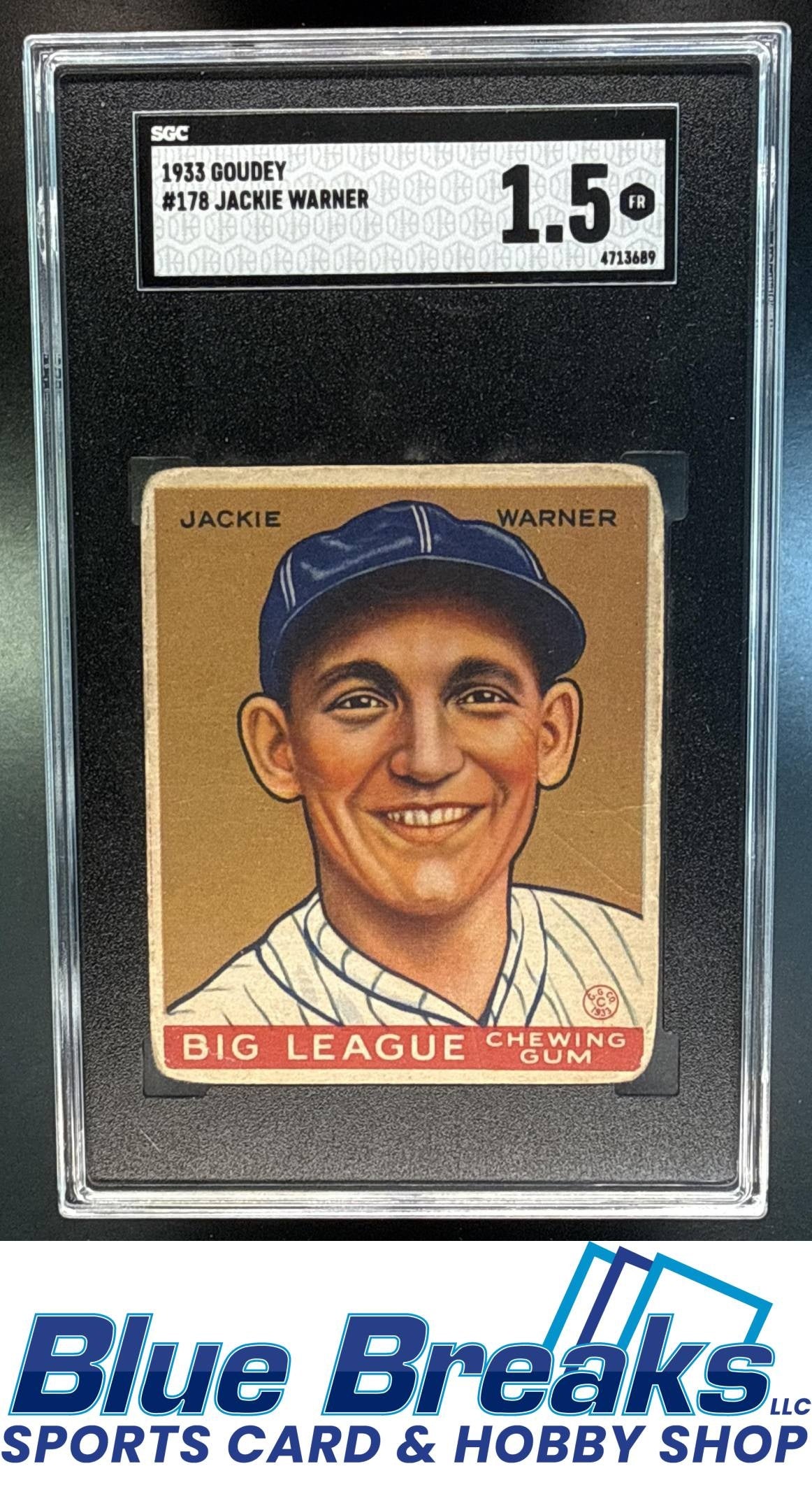 1933 Goudey R319 Jackie Warner [RC] #178 RC SGC 1.5 Philadelphia Phillies