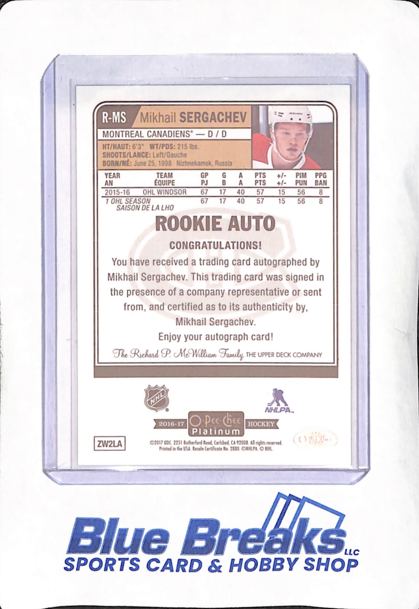 2016-17 O-Pee-Chee Platinum - Mikhail Sergachev - Rookie Auto - Montreal Canadiens - Hockey - #R-MS