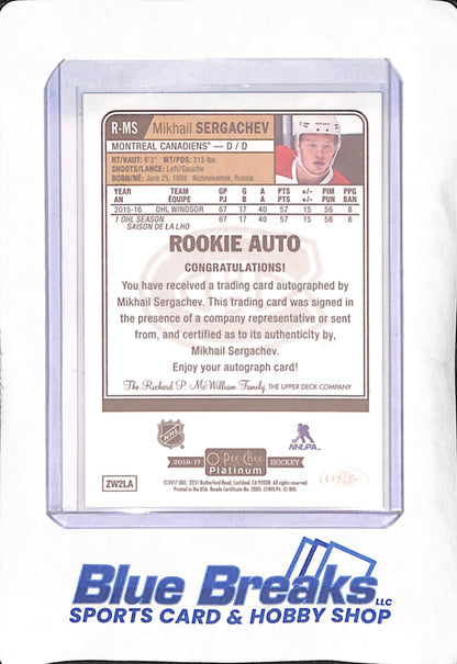 2016-17 O-Pee-Chee Platinum - Mikhail Sergachev - Rookie Auto - Montreal Canadiens - Hockey - #R-MS