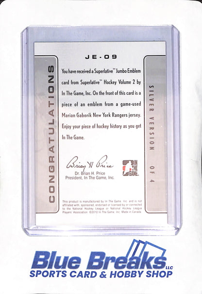 2010 In The Game Superlative Jumbo Emblem - Marian Gaborik - New York Rangers - Hockey - Game-Used Relic - 1 of 1 - #JE-09