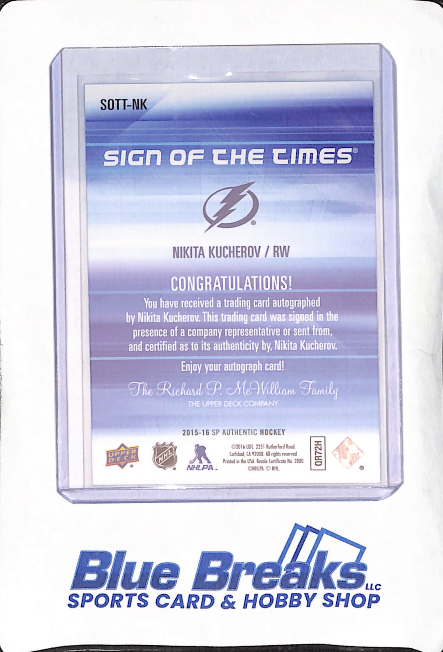2015-16 Nikita Kucherov - SP Authentic - Sign of the Times Autograph - Tampa Bay Lightning - Hockey - #SOTT-NK