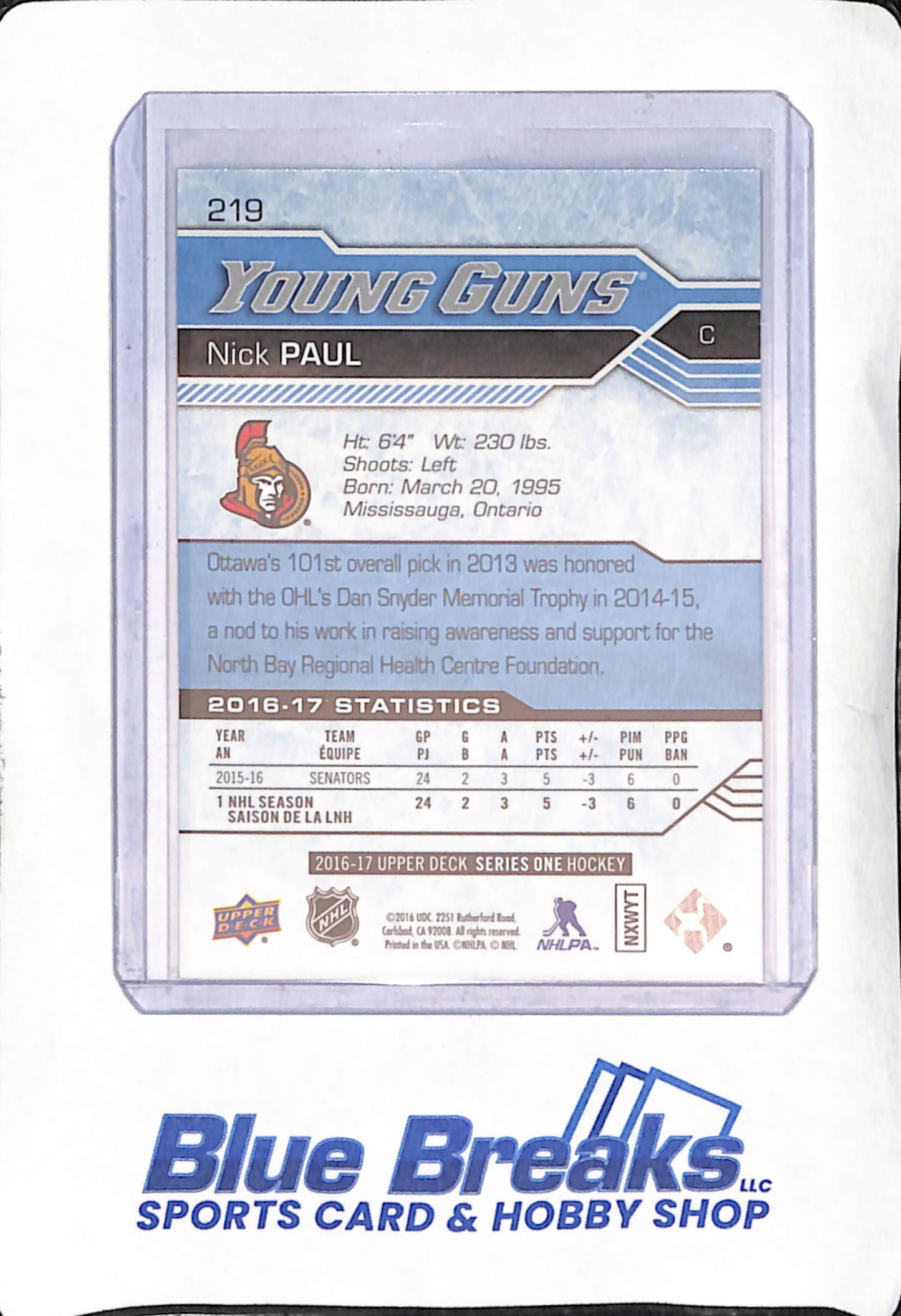 2016 Upper Deck - Nick Paul - Young Guns - Senators - Hockey  - #219