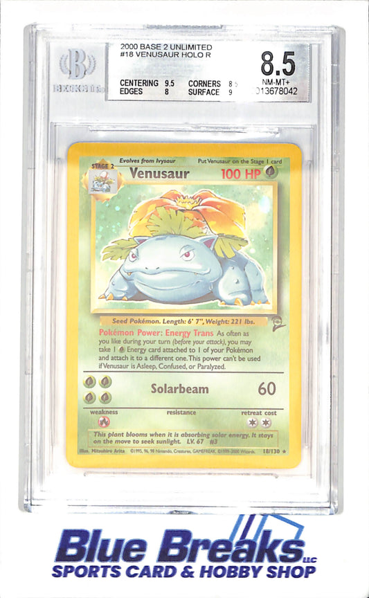2000 Pokemon - Base 2 Unlimited - Venusaur Holo R - Beckett 8.5 - 18/130 - drop