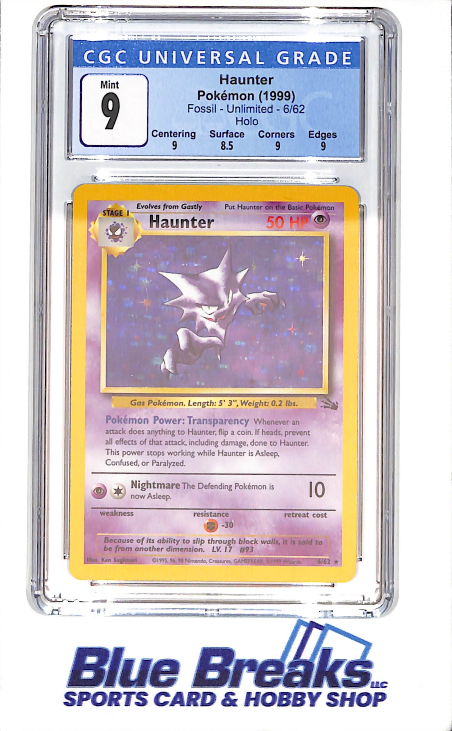 1999 Pokemon - Haunter - Fossil - Unlimited - Holo - CGC 9 - 6/62