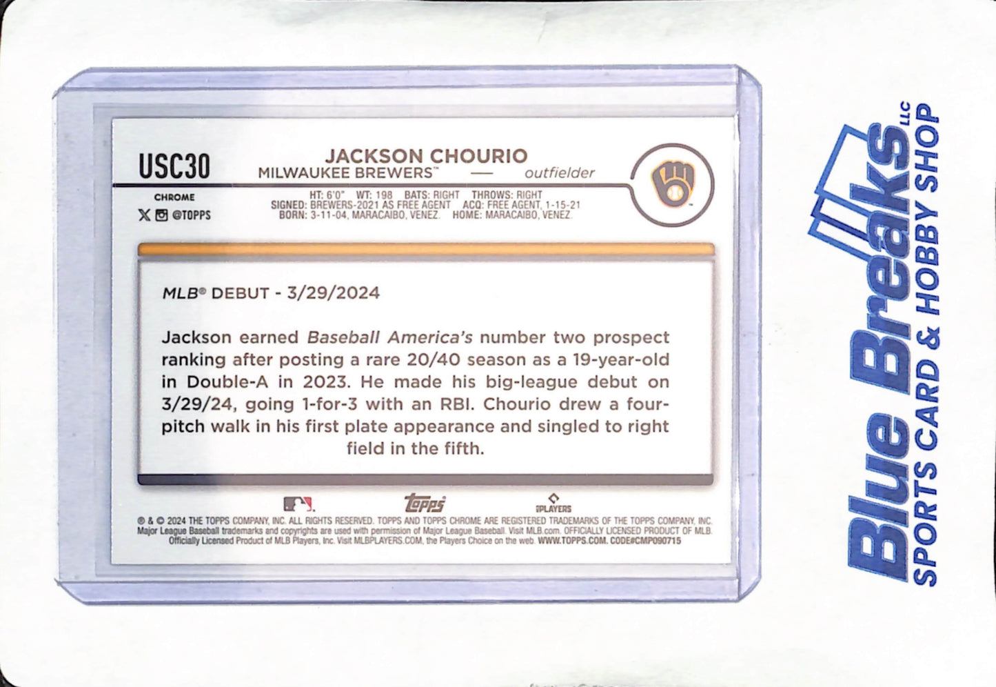 2024 Topps Chrome - Jackson Chourio - Rookie Debut Raywave - Milwaukee Brewers - Baseball - #USC30