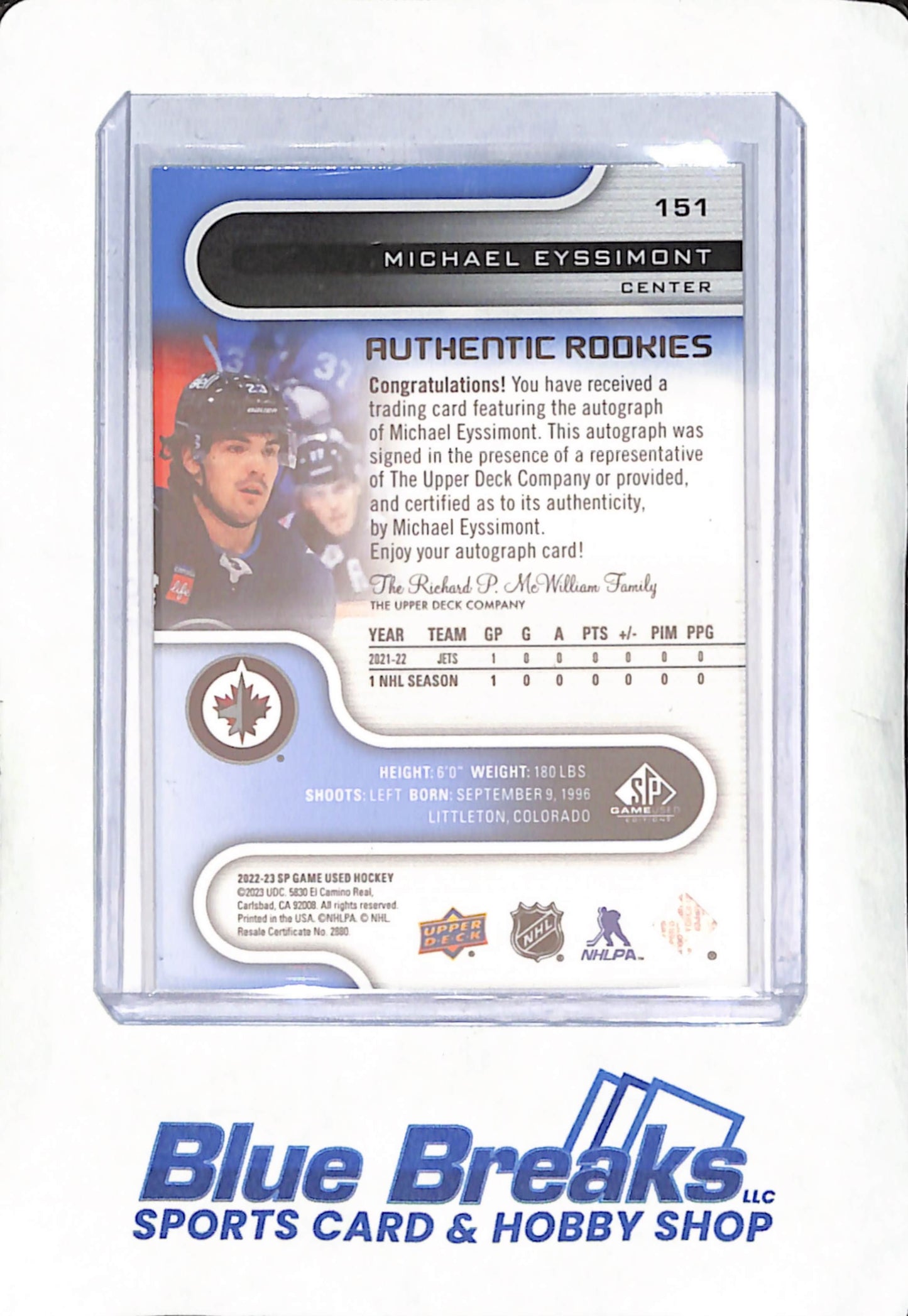 2022-23 Upper Deck SP Game Used - Michael Eyssimont - Authentic Rookies Autograph - Winnipeg Jets - Hockey - Blue - #151