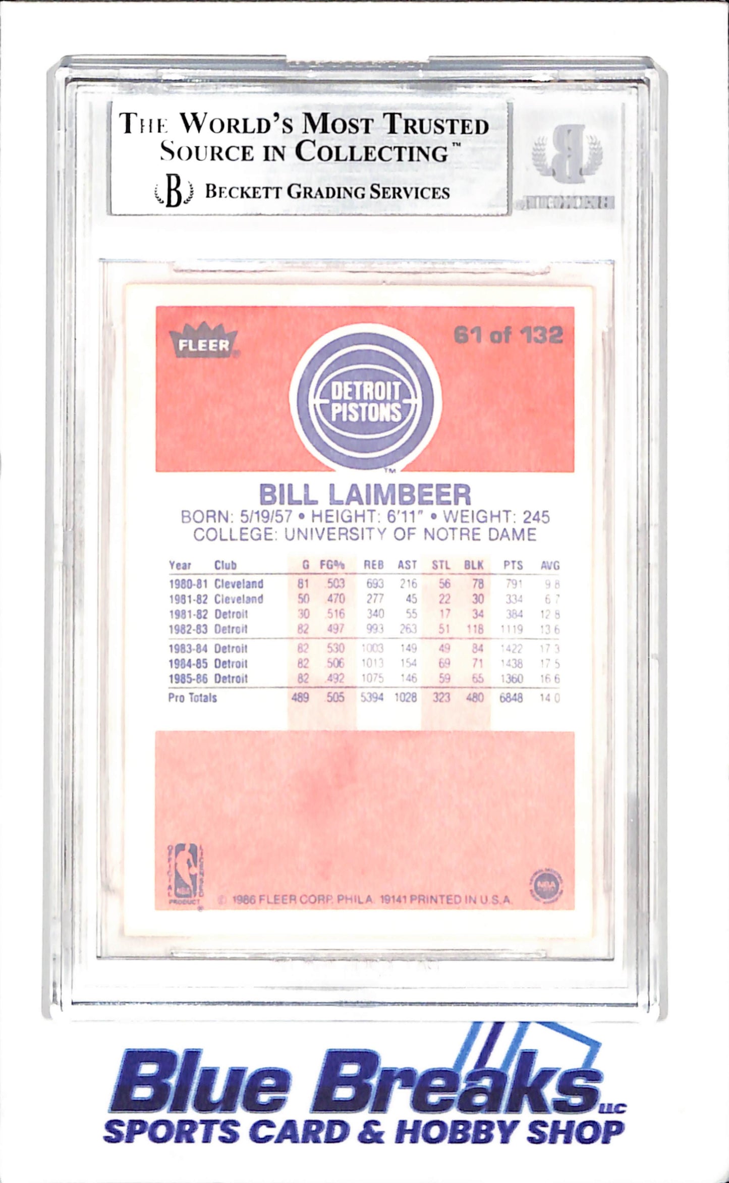 1986 Fleer - Bill Laimbeer - Beckett 9 - Detroit Pistons - Basketball - #61 - drop