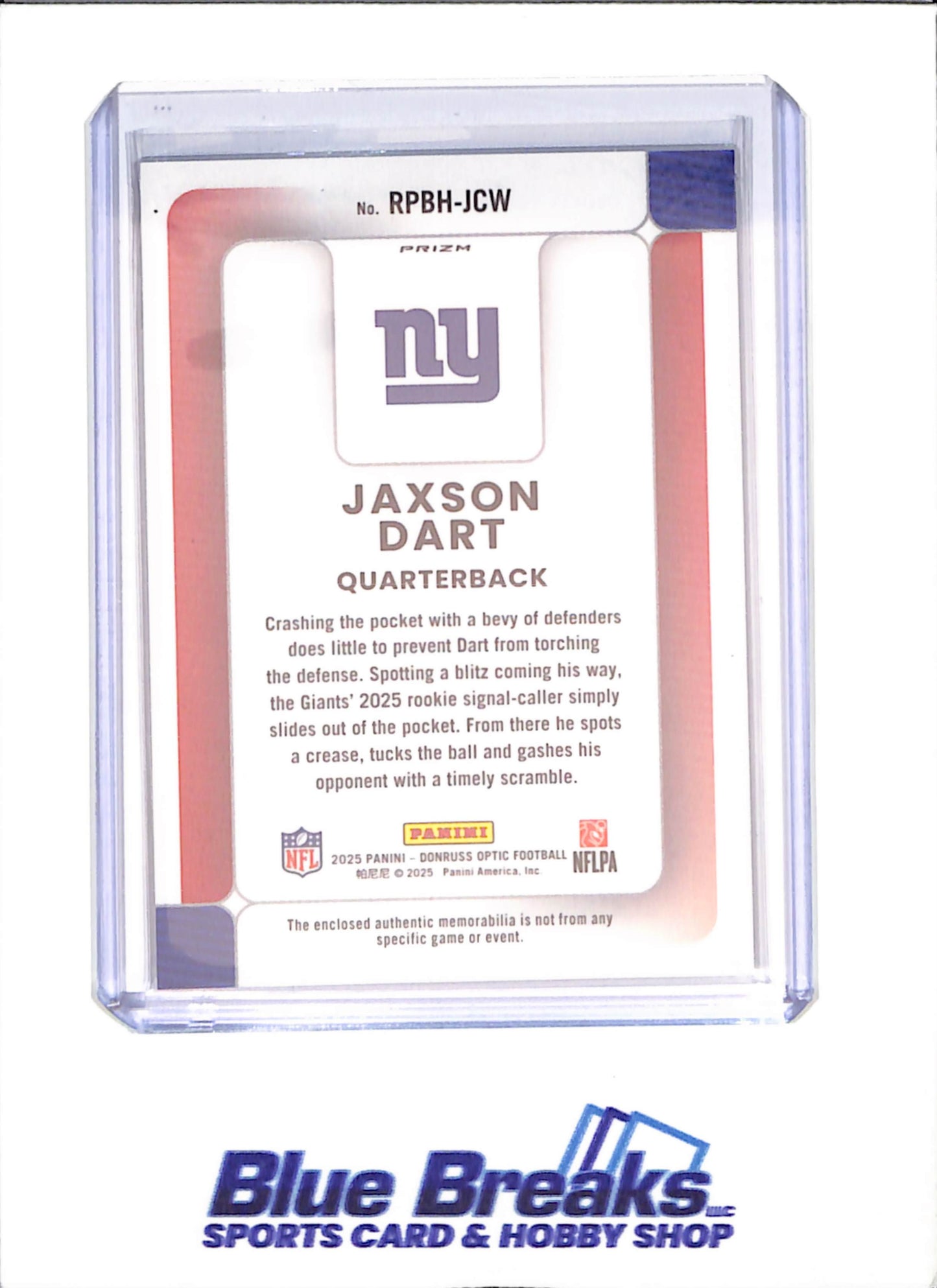 2025 Panini Donruss Optic - Jaxson Dart - Blue Hyper Phenom - Relic - New York Giants - Football - #RPBH-JCW - drop