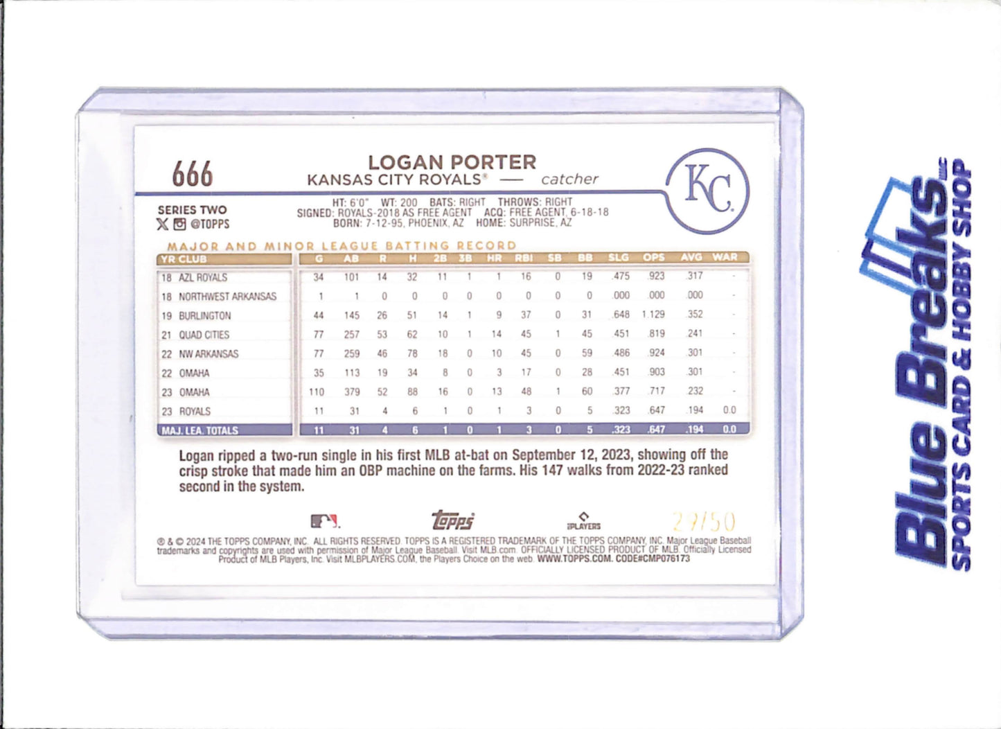 2024 Topps Series Two - Logan Porter - Father's Day Blue Border - 29/50 - RC - Kansas City Chiefs - Baseball - #666 - drop