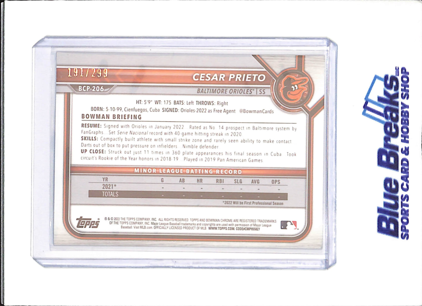 2022 Bowman Chrome - Cesar Prieto - Bowman 1st Sparkle - 191/299 - Baltimore Orioles - Baseball - #BCP-206 - drop
