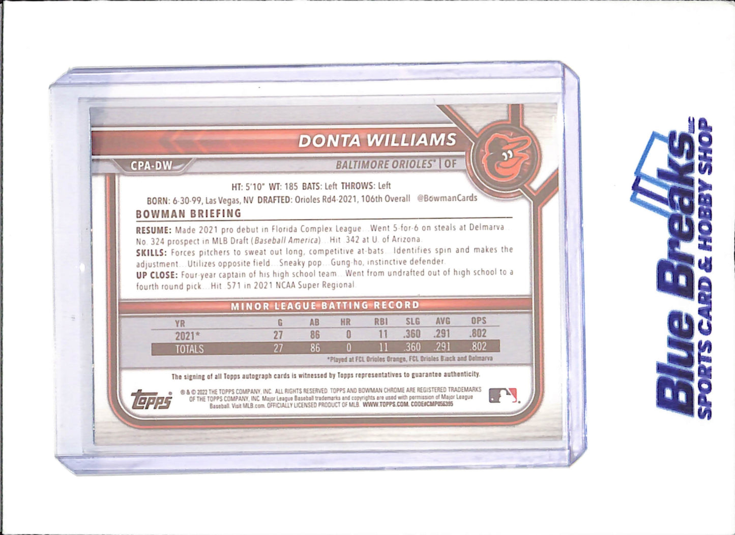 2022 Bowman Chrome - Donta Williams - Autograph - Sparkle - 78/299 - Baltimore Orioles - Baseball - #CPA-DW - drop