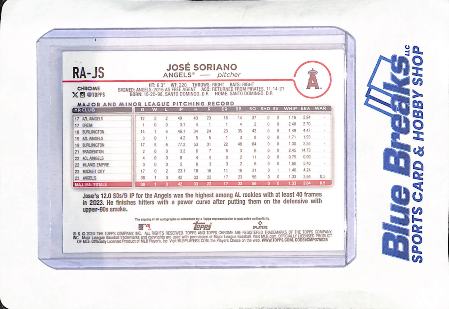 2024 Topps Chrome - Jose Soriano - Blue Autograph - RC - Los Angeles Angels - Baseball - 3/150 - #RA-JS