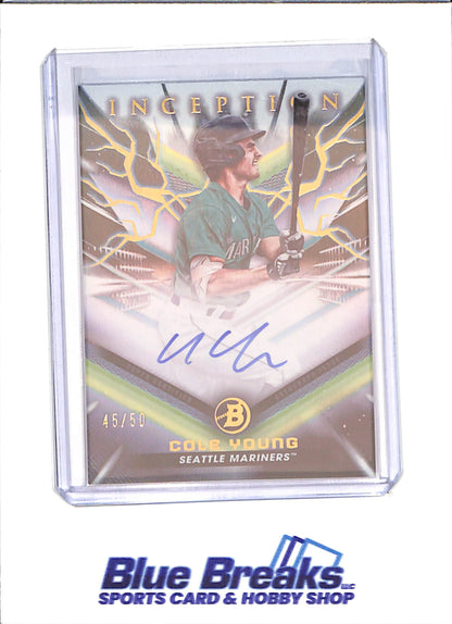 2023 Bowman Inception - Cole Young - Gold Foil Electricity Autograph - 45/50 - Seattle Mariners - Baseball - #BPA-CY - drop