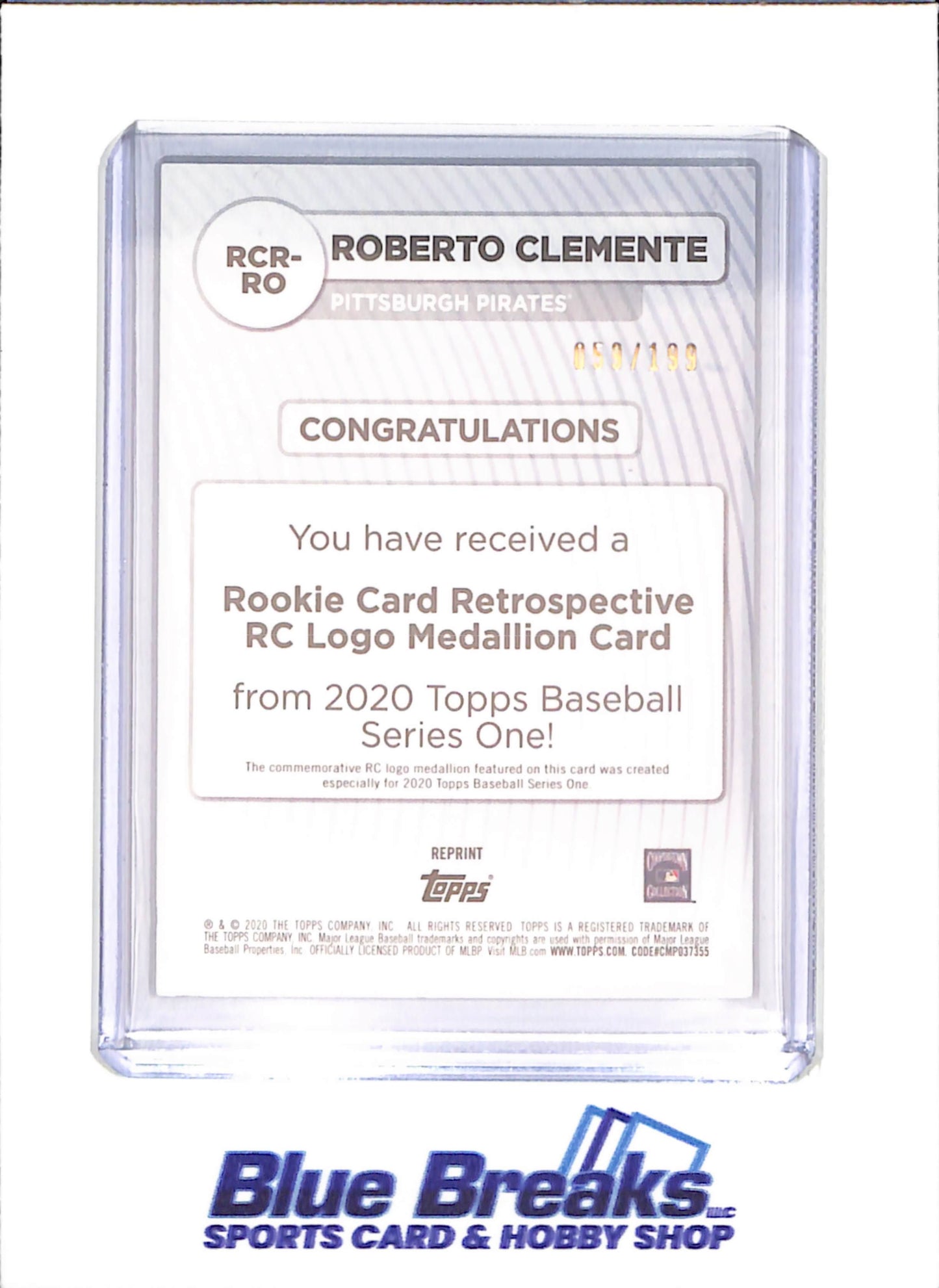 2020 Topps Series One - Roberto Clemente - Rookie Card Retrospective Logo Medallion Card - 59/199 - Pittsburgh Pirates - Baseball - #RCR-RO - drop