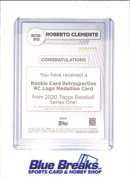 2020 Topps Series One - Roberto Clemente - Rookie Card Retrospective Logo Medallion Card - 59/199 - Pittsburgh Pirates - Baseball - #RCR-RO - drop