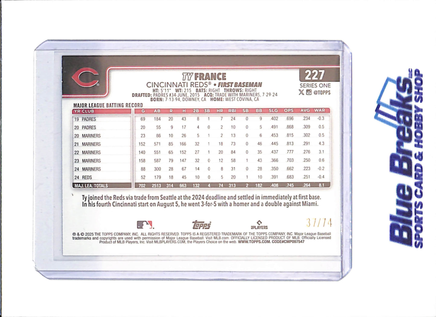 2025 Topps Series One - Ty France - Black - 37/74 - Cincinnati Reds - Baseball - #227 - drop