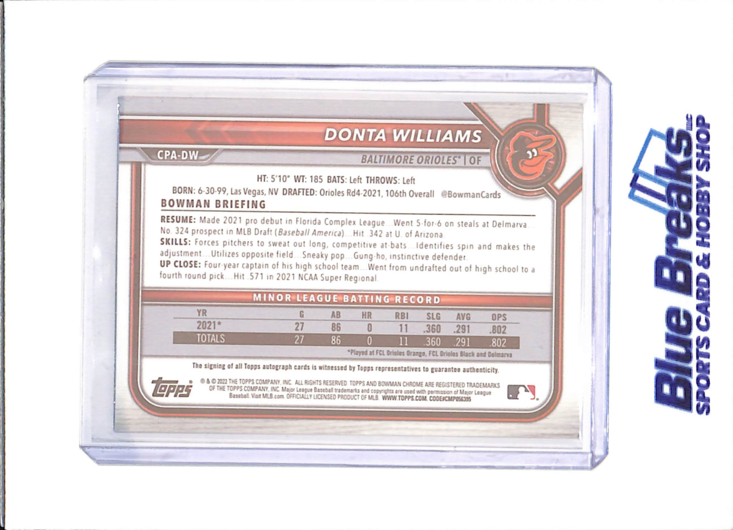 2022 Bowman Chrome - Donta Williams - Sparkle Autograph - 85/299 - Baltimore Orioles - Baseball - #CPA-DW - drop