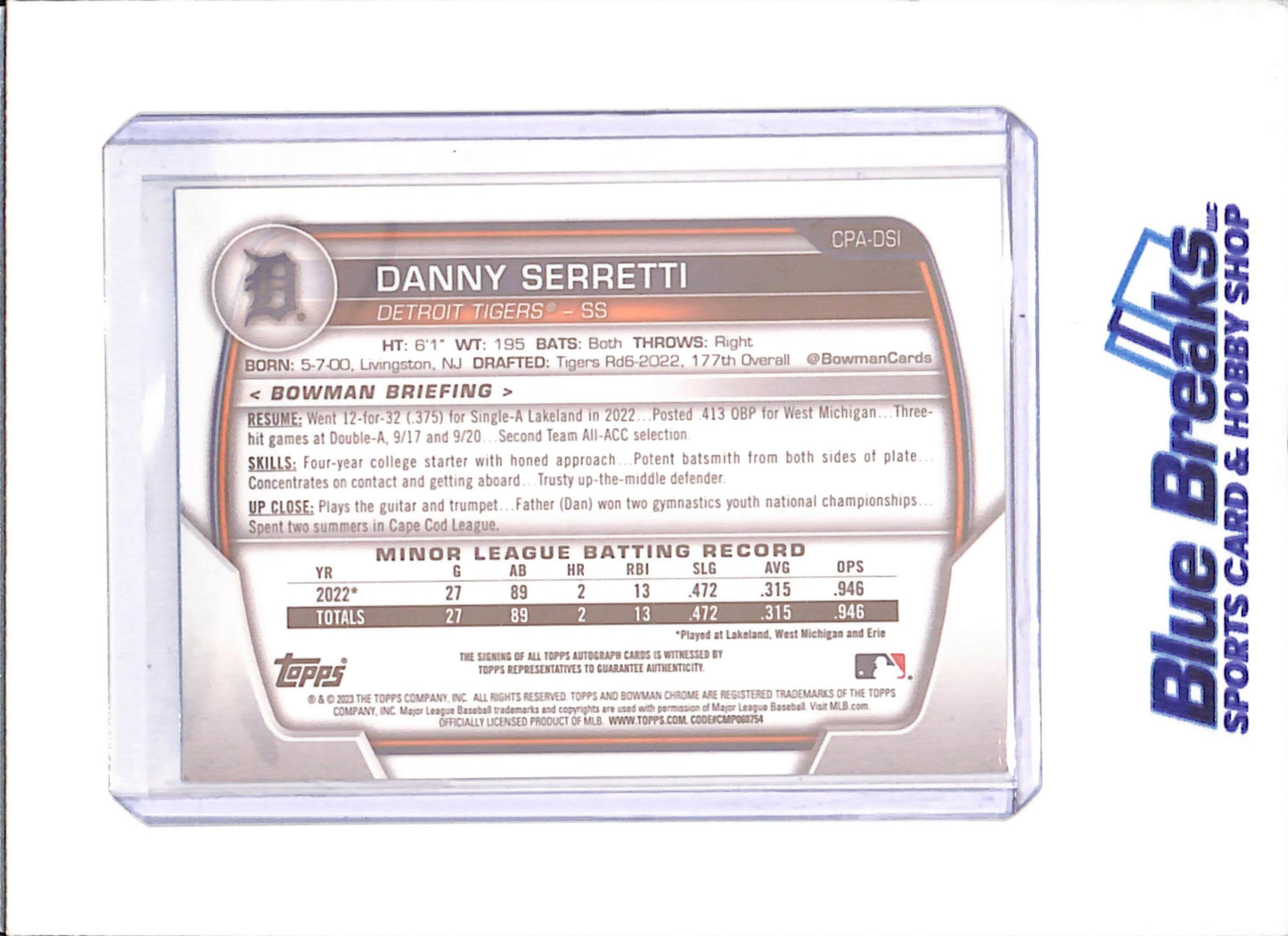 2023 Bowman Chrome - Danny Serretti - 1st Bowman Autograph - Detroit Tigers - Baseball - #CPA-DSI - drop