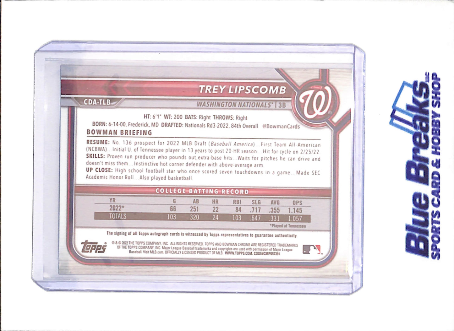 2022 Bowman Chrome - Trey Lipscomb - 1st Bowman Chrome Autograph - Washington Nationals - Baseball - #CDA-TLB - drop