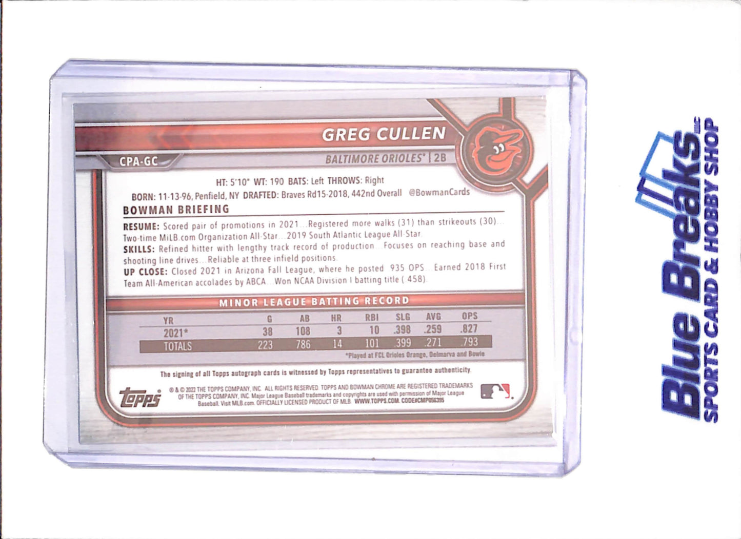 2022 Bowman Chrome - Greg Cullen - 1st Bowman Autograph - 37/100 - #CPA-GC - Baltimore Orioles - Baseball - drop