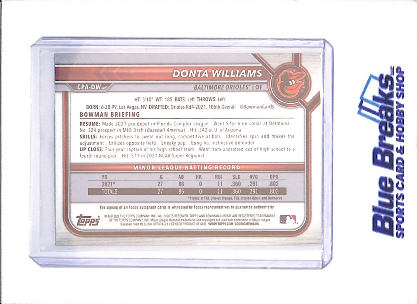 2022 Bowman Chrome - Donta Williams - Sparkle Autograph - 82/299 - Baltimore Orioles - Baseball - #CPA-DW - drop