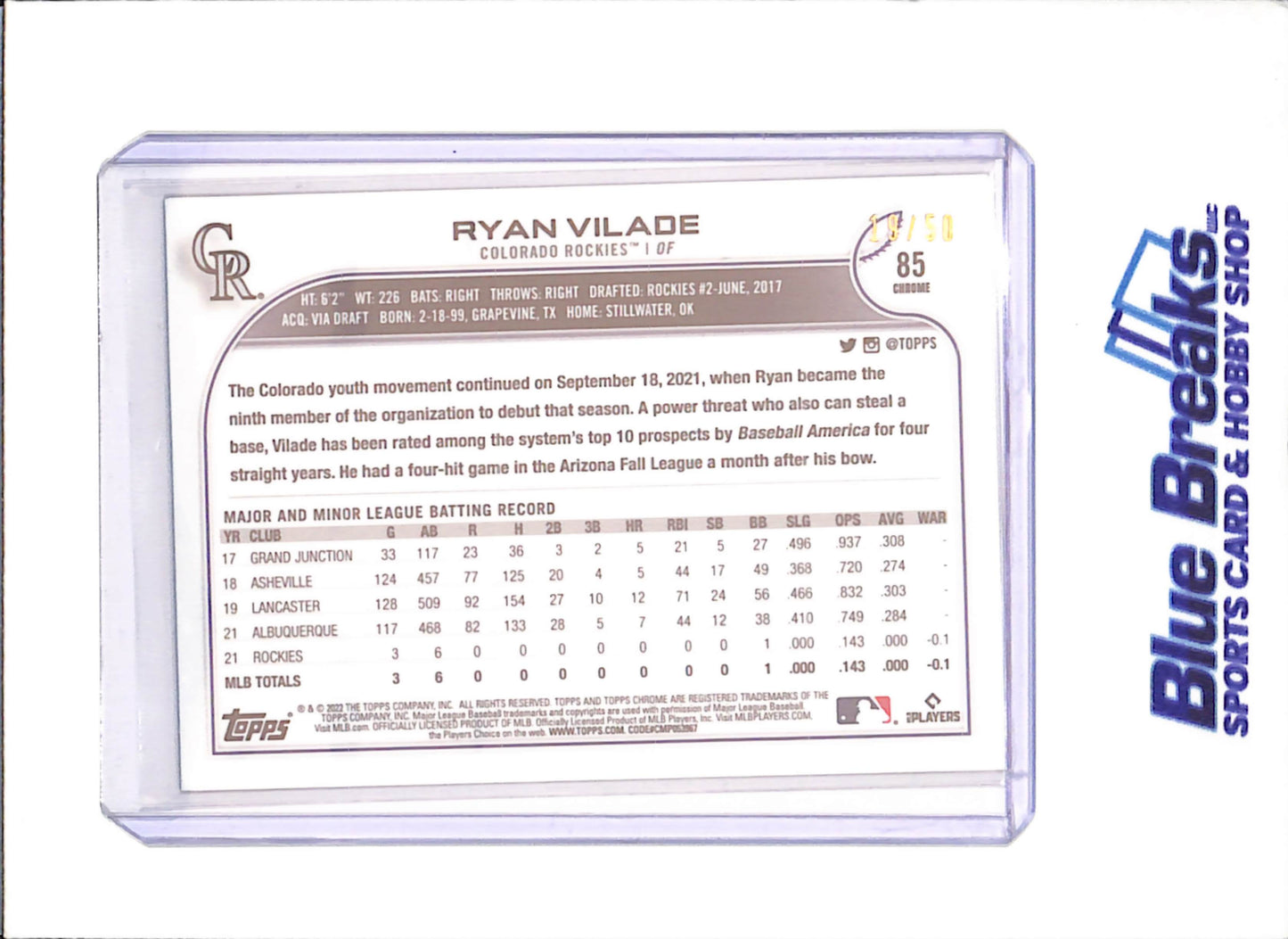 2022 Topps Chrome - Ryan Vilade - RC - Gold - 19/50 - Colorado Rockies - Baseball - #85 - drop