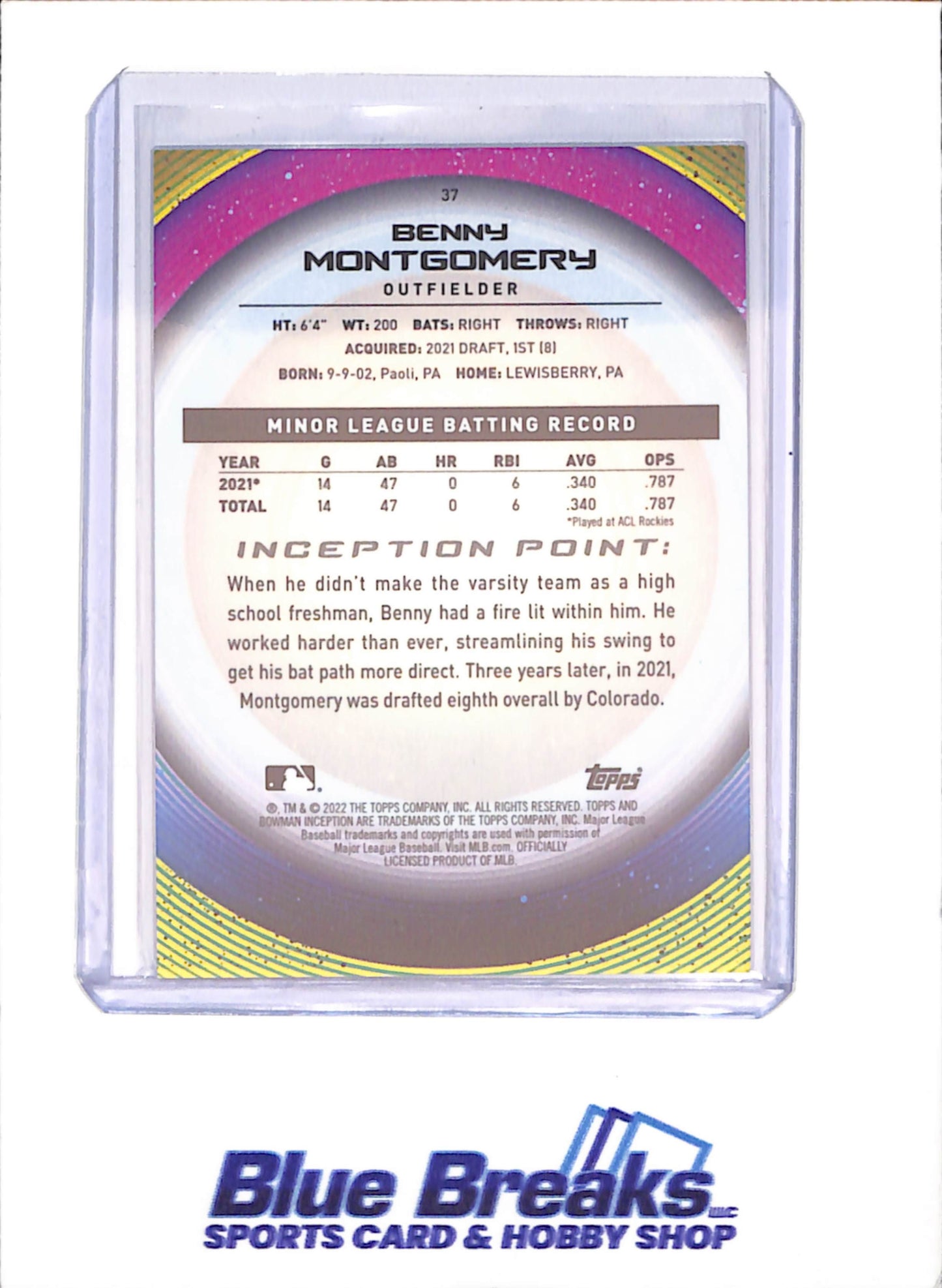 2022 Bowman Inception - Benny Montgomery - 61/75 - Colorado Rockies - Baseball - #37 - drop