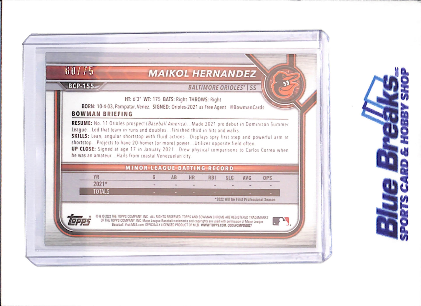 2022 Bowman Chrome - Maikol Hernandez - 1st Bowman - Gold - 60/75 - Baltimore Orioles - Baseball - #BCP-155 - drop