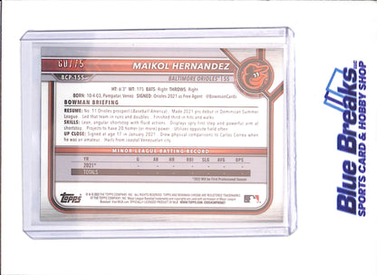 2022 Bowman Chrome - Maikol Hernandez - 1st Bowman - Gold - 60/75 - Baltimore Orioles - Baseball - #BCP-155 - drop