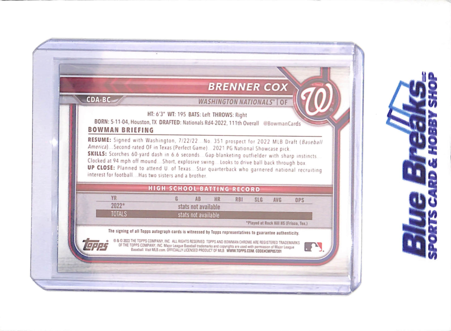 2022 Bowman Chrome - Brenner Cox - 1st Bowman Autograph - Purple - 201/250 - Washington Nationals - Baseball - #CDA-BC - drop