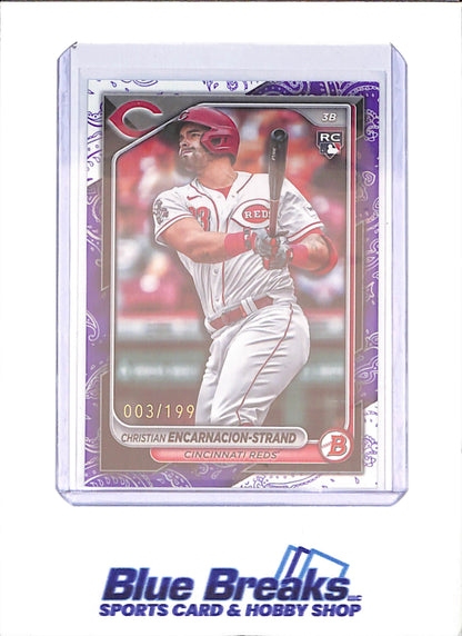 2024 Bowman - Christian Encarnation-Strand - 3/199 - Purple Bandana Border - RC - Cincinnati Reds - Baseball - #79 - drop