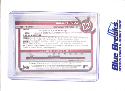 2022 Bowman Chrome - Brenner Cox - 1st Bowman Autograph - 137/499 - Washington Nationals - Baseball - #CDA-BC - drop
