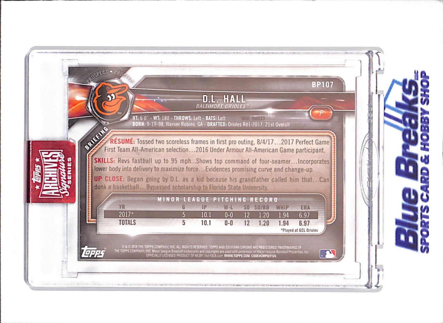 2023 Topps Archives Signature Series - D.L. Hall - 2018 Bowman - Autograph - 60/99 - Baltimore Orioles - Baseball - #BP107 - drop