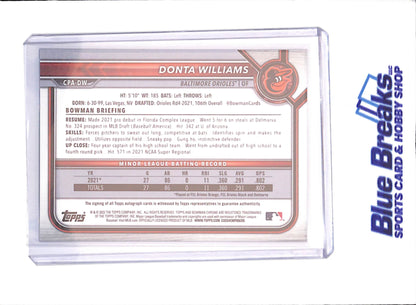 2022 Bowman Chrome - Donta Williams - Purple Autograph - 33/250 - Baltimore Orioles - Baseball - #CPA-DW - drop