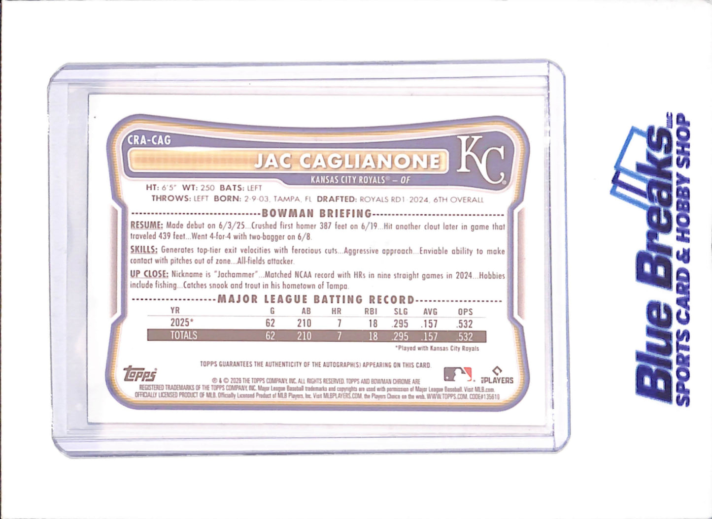 2026 Bowman - Jac Caglianone - Chrome Autograph - RC - Kansas City Royals - Baseball - #CRA-CAG - drop