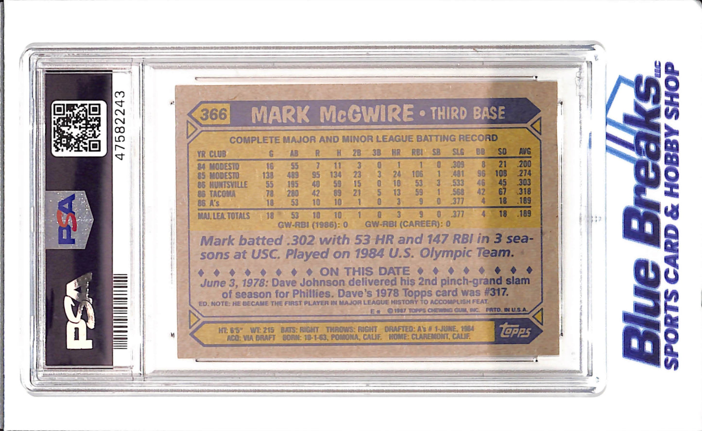 1987 Topps - Mark McGwire - PSA 8 - Oakland Athletics - Baseball - #366 - drop