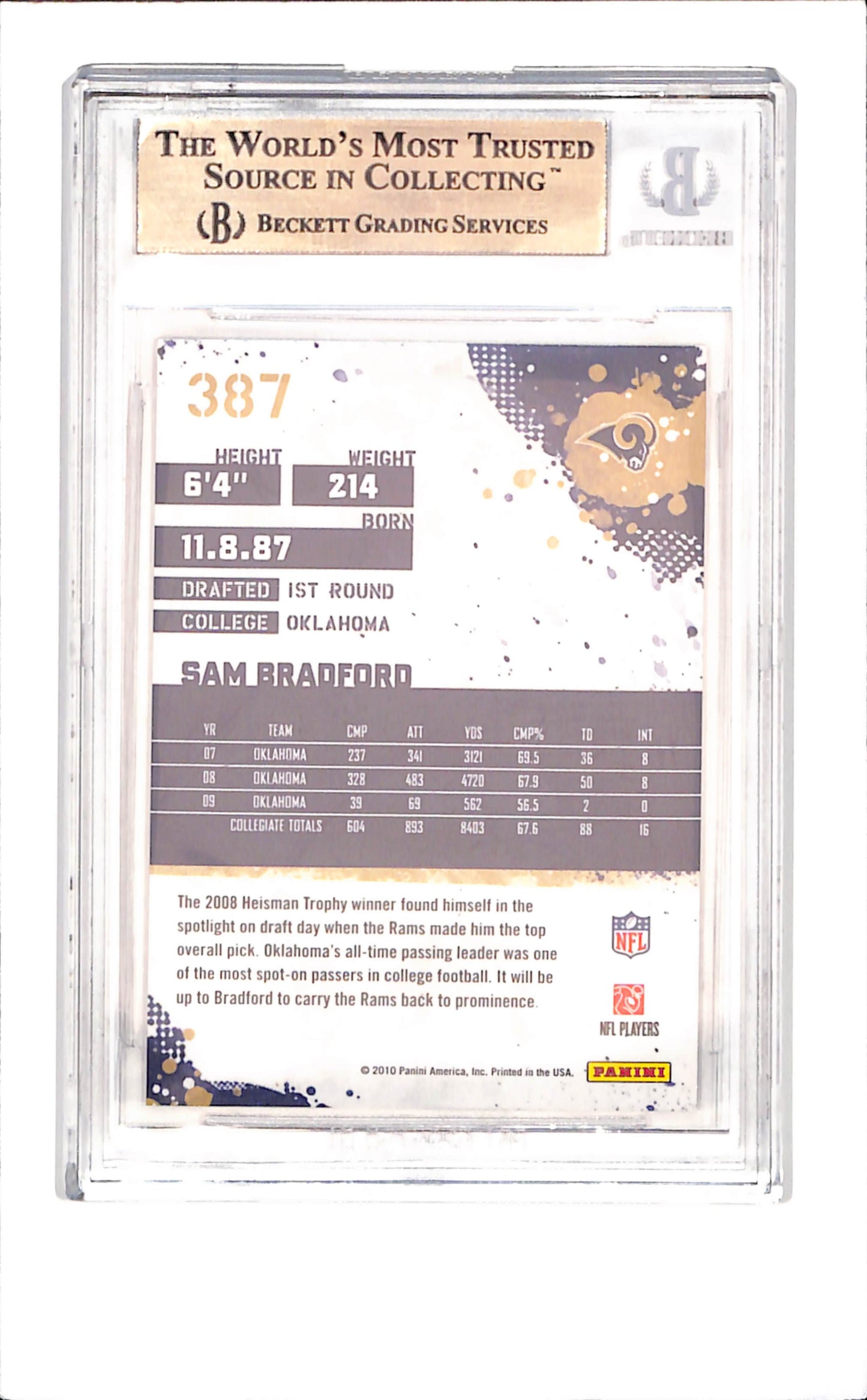 2010 Score - Sam Bradford - Rookie - BGS 9.5 - St Louis Rams - Football - #387 - drop