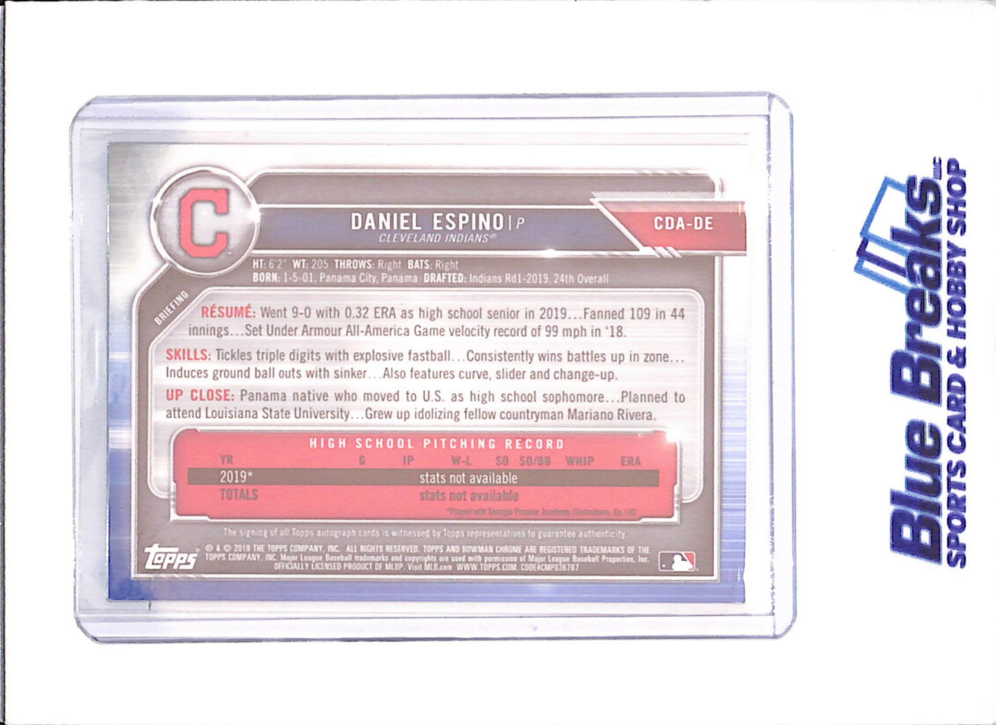 2019 Bowman Draft - Daniel Espino - 1st Bowman Chrome Autograph - Purple - 101/250 - Cleveland Guardians - Baseball - #CDA-DE - drop