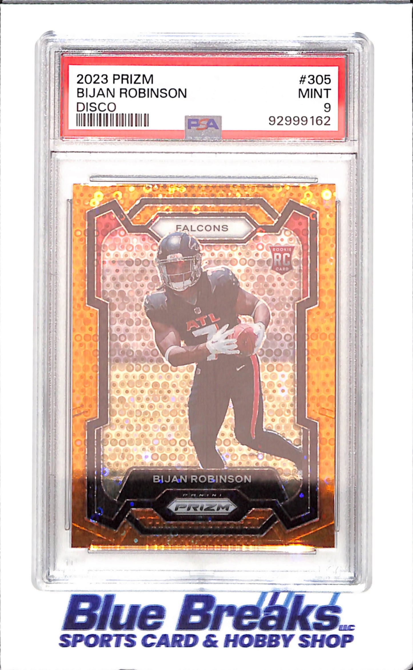 2023 Panini Prizm - Bijan Robinson - Orange Disco - RC - PSA 9 - Atlanta Falcons - Football - #305 - drop