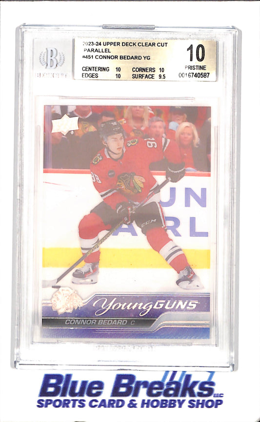 2023-24 Upper Deck - Connor Bedard - Young Guns - Clear Cut Parallel - Beckett Pristine 10 - Chicago Blackhawks - Hockey - #451 - drop